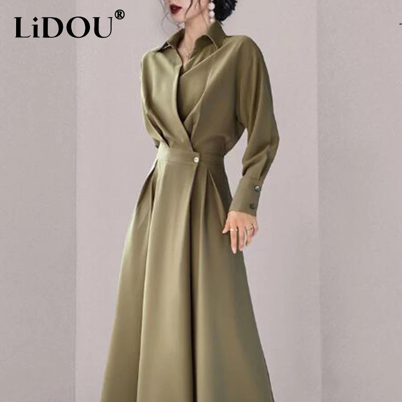 Summer Autumn New Elegant Fashion Solid Simple Waist Long Dress Women Polo-neck Temperament All-match Dresses Vestidos De Fiesta - Otaj Gifts