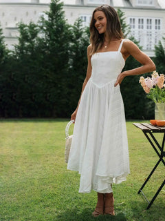 White Dress Women Halter Cotton Long Dress Lace Elegant Party Outfits - Otaj Gifts