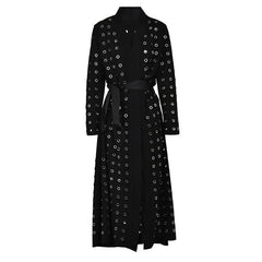 EAM Black Hollow Out Belted Long Trench Women New V-neck Long Sleeve Windbreaker Fashion Tide Spring Autumn 2024 15XM44101 - Otaj Gifts