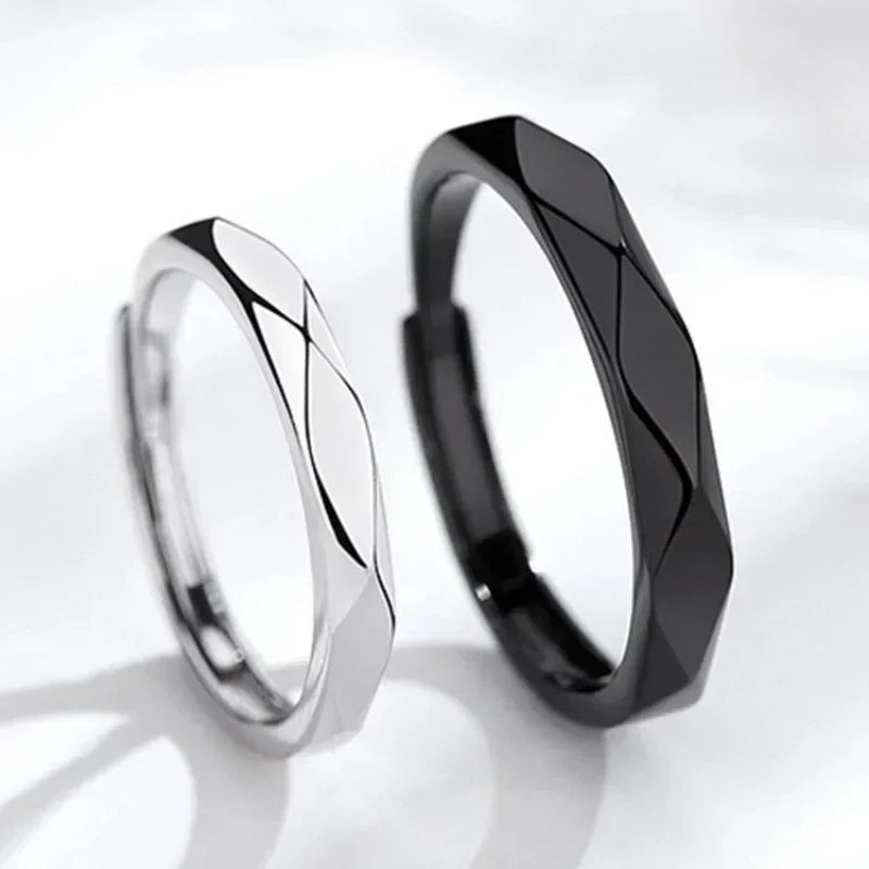 1Pair Black White Lozenge Couple Rings Open Ring for Women Men Adjustable Finger Rings Romantic Lovers Anniversary Jewelry Gift - Otaj Gifts
