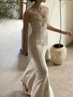 Summer Women Gorgeous Party Mermaid Prom Dress Spaghetti Strap Pearl Beading Ruffles Dress Feminine Backless Trumpet Long Dress - Otaj Gifts