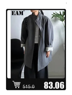 EAM Women Black Irregular Slit Big Size Trench New Stand Collar Long Sleeve Windbreaker Fashion Spring Autumn 2025 1DH0755 - Otaj Gifts