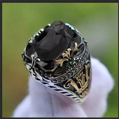 Retro Handmade Turkish Signet Rings for Men Ancient Silver Color Carved Mystic with Zircon Inlay - Otaj Gifts