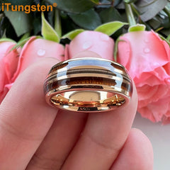 8mm Unisex Fashion Engagement Wedding Band Rose Gold Color Tungsten Wood Guitar String Inlay - Otaj Gifts