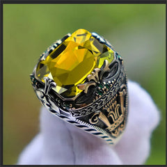 Retro Handmade Turkish Signet Rings for Men Ancient Silver Color Carved Mystic with Zircon Inlay - Otaj Gifts