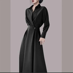 Summer Autumn New Elegant Fashion Solid Simple Waist Long Dress Women Polo-neck Temperament All-match Dresses Vestidos De Fiesta - Otaj Gifts