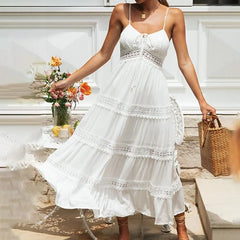 White Dress Women Halter Cotton Long Dress Lace Elegant Party Outfits - Otaj Gifts
