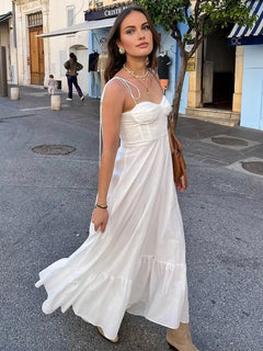 White Dress Women Halter Cotton Long Dress Lace Elegant Party Outfits - Otaj Gifts