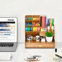 Wooden Desk Organiser DIY Desktop Tidy Pen Holder Large Capacity Stationery Storage Box with Drawer for Home Office and School - Otaj Gifts