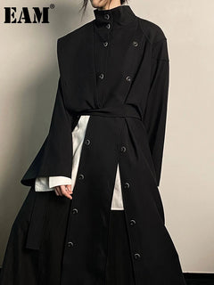 EAM Women Black Irregular Slit Big Size Trench New Stand Collar Long Sleeve Windbreaker Fashion Spring Autumn 2025 1DH0755 - Otaj Gifts