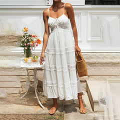 White Dress Women Halter Cotton Long Dress Lace Elegant Party Outfits - Otaj Gifts