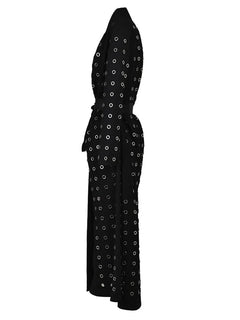 EAM Black Hollow Out Belted Long Trench Women New V-neck Long Sleeve Windbreaker Fashion Tide Spring Autumn 2024 15XM44101 - Otaj Gifts