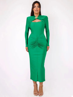 Mozision Hollow Out Long Sleeve Sexy Maxi Dress For Women Gown Autumn Winter New Metal Buckle Ruched Slit Long Dress Elegant - Otaj Gifts