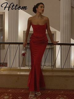 Elegant Strapless Patchwork Long Dress Women Slim Sleeveless Pleated Mermaid Dresses 2025 Spring Lady Evening Party Robe - Otaj Gifts