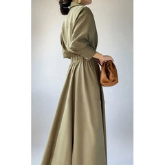 Summer Autumn New Elegant Fashion Solid Simple Waist Long Dress Women Polo-neck Temperament All-match Dresses Vestidos De Fiesta - Otaj Gifts