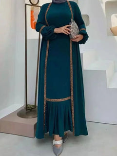Muslim Women Hijab Dress 2 Piece Set Eid Lantern Sleeve Maxi Long Dress Islamic Clothing Caftan Kimono Big Swing Abaya Dresses - Otaj Gifts