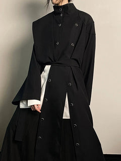EAM Women Black Irregular Slit Big Size Trench New Stand Collar Long Sleeve Windbreaker Fashion Spring Autumn 2025 1DH0755 - Otaj Gifts