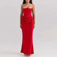 Elegant Strapless Patchwork Long Dress Women Slim Sleeveless Pleated Mermaid Dresses 2025 Spring Lady Evening Party Robe - Otaj Gifts