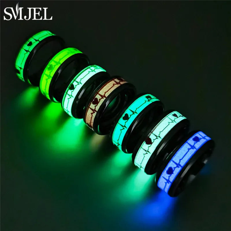 SMJEL Fashion Heartbeat Luminous Ring for Women Men Fluorescent Rings Heart Glow In Dark Stainless Steel Couple Ring JewelryGift - Otaj Gifts