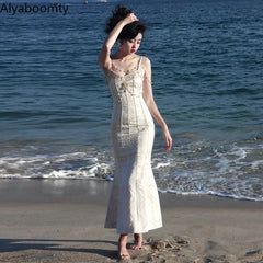 Summer Women Gorgeous Party Mermaid Prom Dress Spaghetti Strap Pearl Beading Ruffles Dress Feminine Backless Trumpet Long Dress - Otaj Gifts