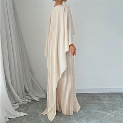 Elegant Crew Neck Pleated Dress Women Casual Solid Loose Long Cloak Sleeves - Otaj Gifts