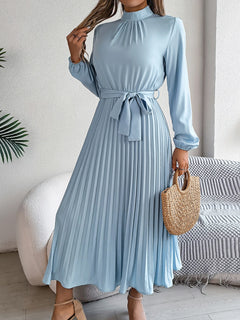 Elegant Pleated Long Dress Long Sleeveed Lace Up Dresses for Middle Eastern Women Spring and Summer Clothes - Otaj Gifts
