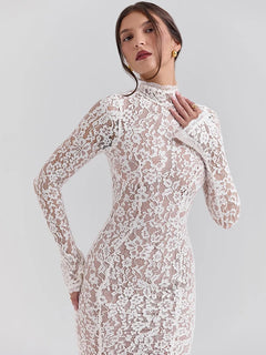 Mozision Lace Long Sleeve Sexy Midi Dress For Women Elegant White Half High Collar High Waist Bodycon Club Party Sexy Long Dress - Otaj Gifts