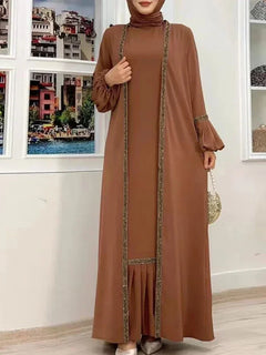 Muslim Women Hijab Dress 2 Piece Set Eid Lantern Sleeve Maxi Long Dress Islamic Clothing Caftan Kimono Big Swing Abaya Dresses - Otaj Gifts