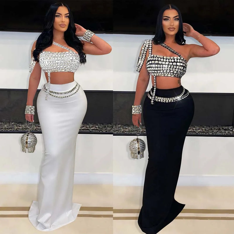 Rhinestone Dress 2 Piece Skirt Sets Elegant Luxury Long Dress 2024 Summer Clothes Sexy Club Outfit Crop Top Two Piece Skirt Sets - Otaj Gifts