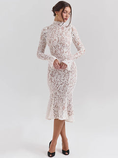 Mozision Lace Long Sleeve Sexy Midi Dress For Women Elegant White Half High Collar High Waist Bodycon Club Party Sexy Long Dress - Otaj Gifts