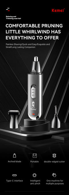Kemei Usb Charging Portable Nose Ear Eyebrow Trimmer 3 In 1 Beauty Kit Electric Beard Nose Hair Clipper Men - Otaj Gifts
