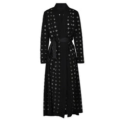 EAM Black Hollow Out Belted Long Trench Women New V-neck Long Sleeve Windbreaker Fashion Tide Spring Autumn 2024 15XM44101 - Otaj Gifts