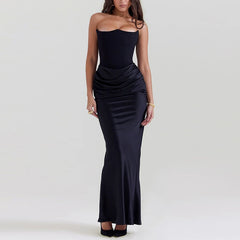Elegant Strapless Patchwork Long Dress Women Slim Sleeveless Pleated Mermaid Dresses 2025 Spring Lady Evening Party Robe - Otaj Gifts