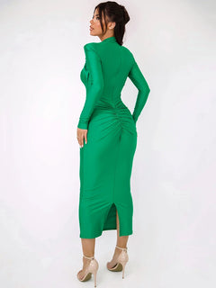 Mozision Hollow Out Long Sleeve Sexy Maxi Dress For Women Gown Autumn Winter New Metal Buckle Ruched Slit Long Dress Elegant - Otaj Gifts