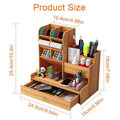 Wooden Desk Organiser DIY Desktop Tidy Pen Holder Large Capacity Stationery Storage Box with Drawer for Home Office and School - Otaj Gifts