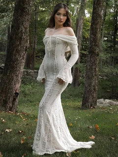 Tossy Autumn Lace Off-Shoulder Long Dress For Women See-Through Printed Lace-Up High Waist Luxury Female Elegant Party Dress New - Otaj Gifts