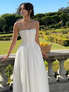 White Dress Women Halter Cotton Long Dress Lace Elegant Party Outfits - Otaj Gifts