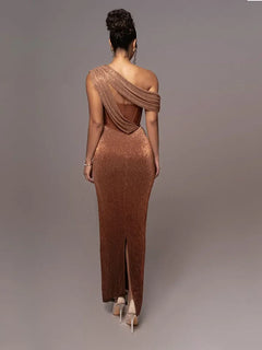 Sexy One Shoulder Draped Glitter Long Dress Women Brown Corset Sparkly Backless Bodycon Maxi Dresses Evening Party Gowns - Otaj Gifts