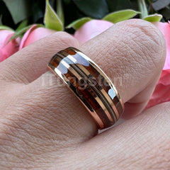 8mm Unisex Fashion Engagement Wedding Band Rose Gold Color Tungsten Wood Guitar String Inlay - Otaj Gifts