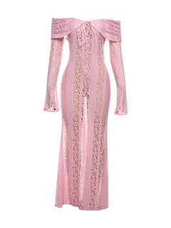 Tossy Autumn Lace Off-Shoulder Long Dress For Women See-Through Printed Lace-Up High Waist Luxury Female Elegant Party Dress New - Otaj Gifts