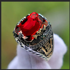 Retro Handmade Turkish Signet Rings for Men Ancient Silver Color Carved Mystic with Zircon Inlay - Otaj Gifts
