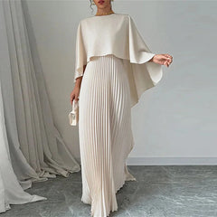 Elegant Crew Neck Pleated Dress Women Casual Solid Loose Long Cloak Sleeves - Otaj Gifts
