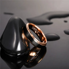 Tungsten Carbide Unisex Ring 6/8 mm Black Brushed Cut Edge Rose Gold - Otaj Gifts