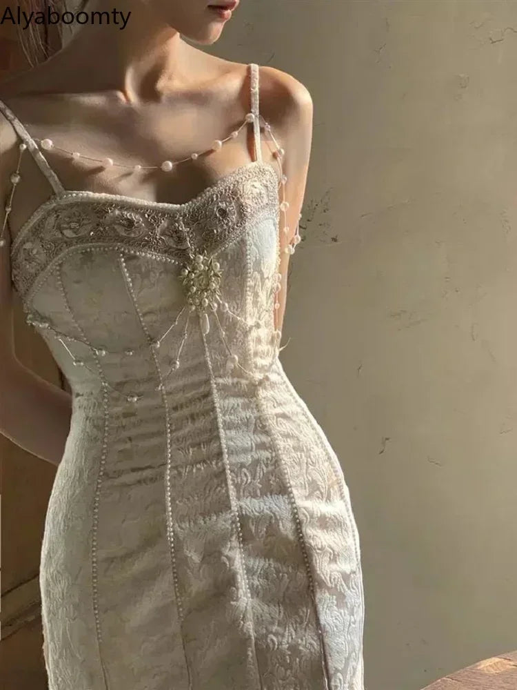 Summer Women Gorgeous Party Mermaid Prom Dress Spaghetti Strap Pearl Beading Ruffles Dress Feminine Backless Trumpet Long Dress - Otaj Gifts