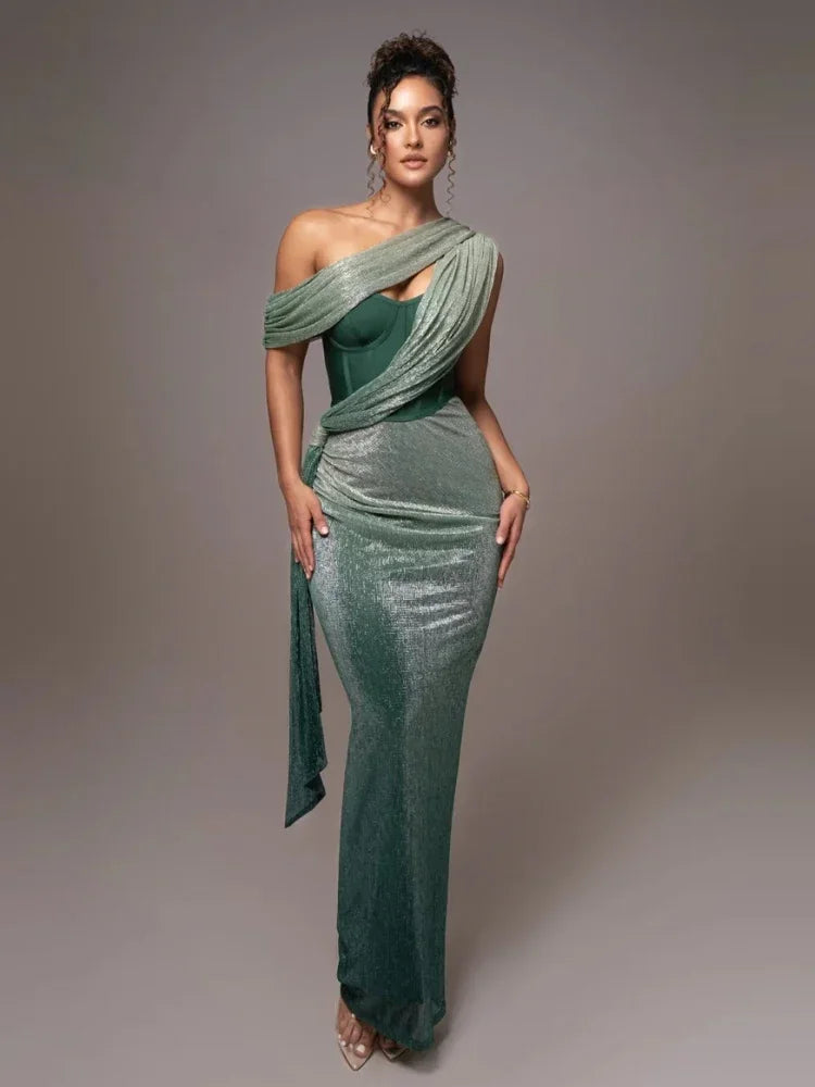 Sexy One Shoulder Draped Glitter Long Dress Women Brown Corset Sparkly Backless Bodycon Maxi Dresses Evening Party Gowns - Otaj Gifts