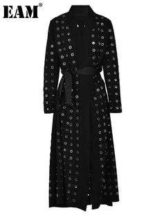 EAM Black Hollow Out Belted Long Trench Women New V-neck Long Sleeve Windbreaker Fashion Tide Spring Autumn 2024 15XM44101 - Otaj Gifts