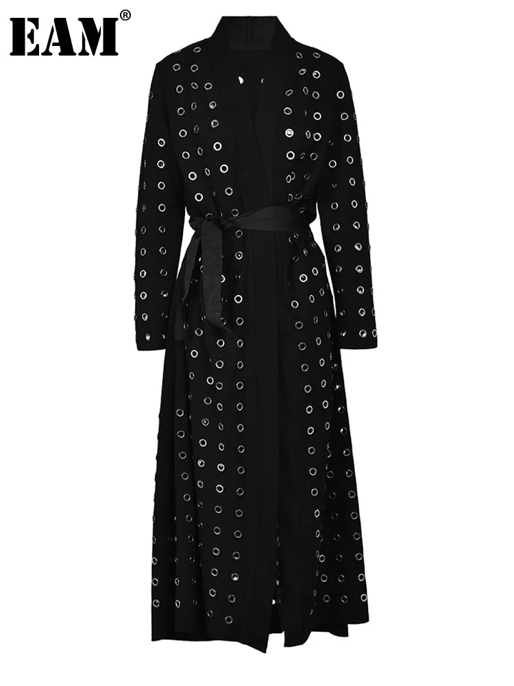 EAM Black Hollow Out Belted Long Trench Women New V-neck Long Sleeve Windbreaker Fashion Tide Spring Autumn 2024 15XM44101 - Otaj Gifts