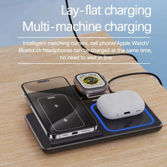 LED Fast Wireless Charger Stand 3 in 1 Foldable Charging Station For iPhone 15 14 13 12 11 Apple Watch 9 8 7 6 5 Airpods Pro - Otaj Gifts