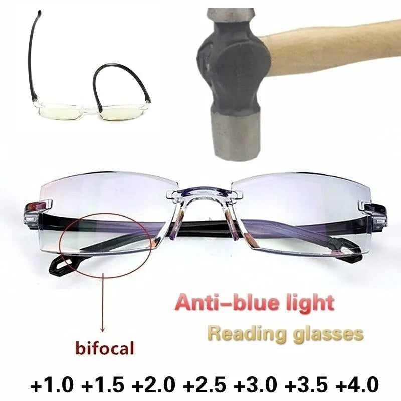 2 Pair New Men Women Rimless Reading Glasses Anti Blue Light Bifocal Far Near Magnification Eyewear Presbyopic Glasses +150 +200 - Otaj Gifts
