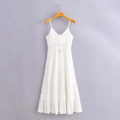 White Dress Women Halter Cotton Long Dress Lace Elegant Party Outfits - Otaj Gifts